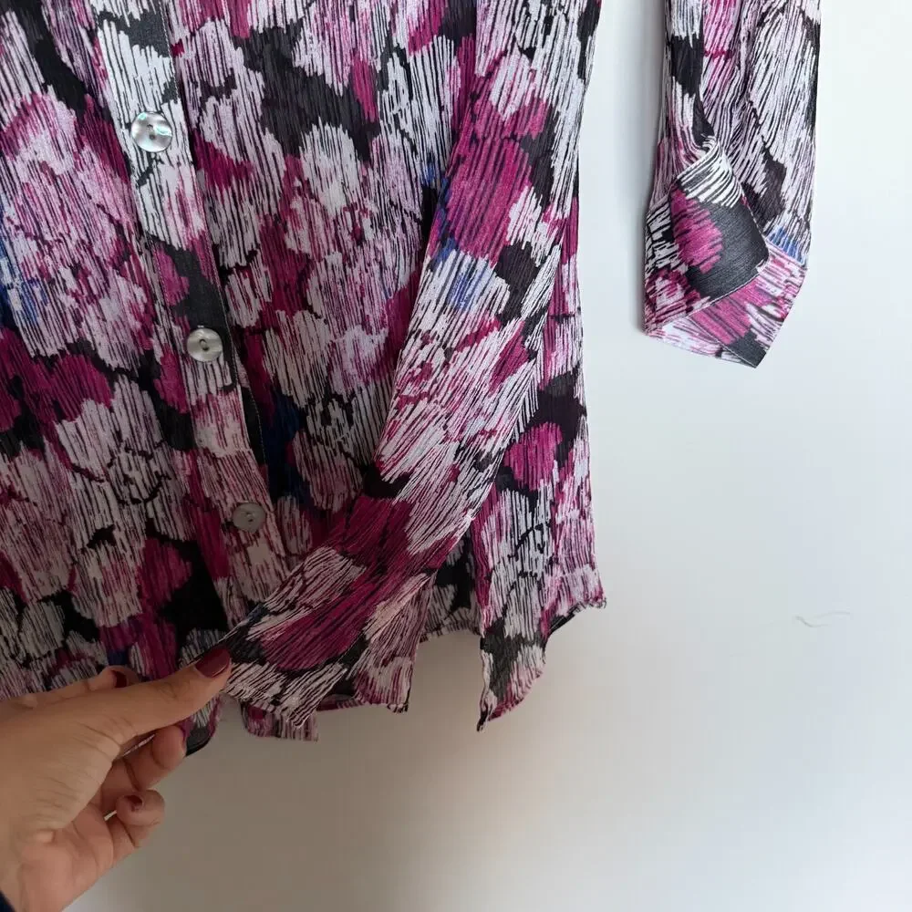 Chico's Women Silk Top Size 3 US XL Long Sleeve Floral Button Up Mature Colorful